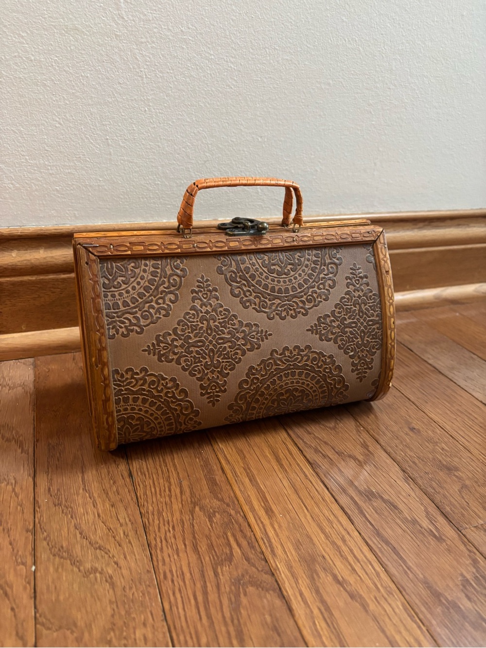 Vintage Wooden Hinged Handbag with Embossed Mandala Motif